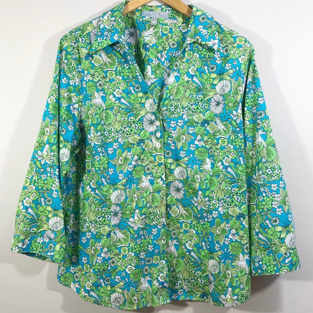 FOXCROFT Blue/Green Wrinkle Free Fitted Button-Up Floral Print Cotton Shirt 14